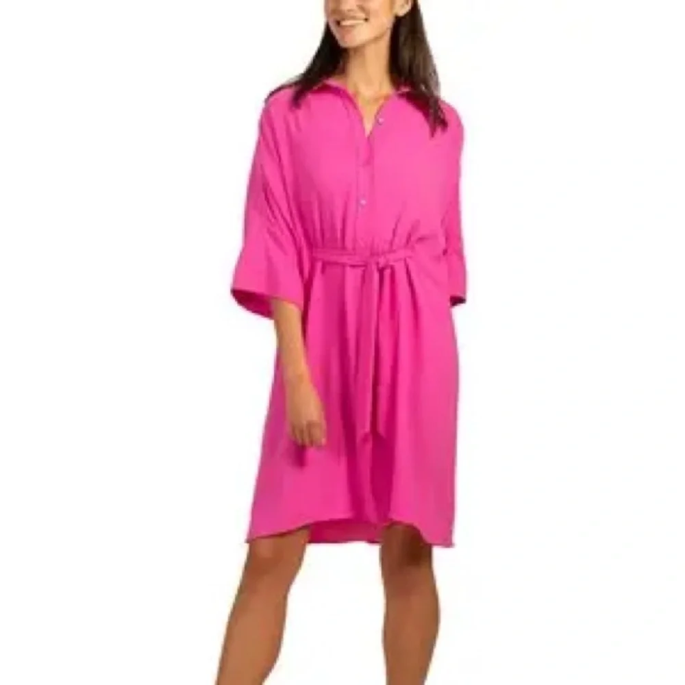 Trina Turk Vibrant Pink‎ Casual Preppy Button Up Collared Shirt Dress